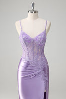 Load image into Gallery viewer, Lilac Mermaid Satin Spaghetti Straps Long Formal Dress with Appliques