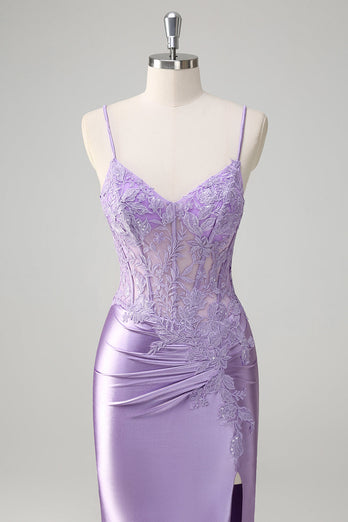 Lilac Mermaid Satin Spaghetti Straps Long Formal Dress with Appliques