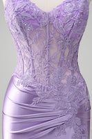 Load image into Gallery viewer, Lilac Mermaid Satin Spaghetti Straps Long Formal Dress with Appliques