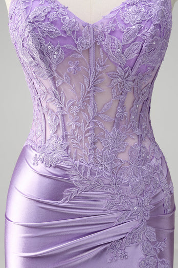 Lilac Mermaid Satin Spaghetti Straps Long Formal Dress with Appliques