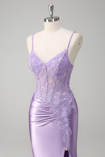 Lilac Mermaid Satin Spaghetti Straps Long Formal Dress with Appliques