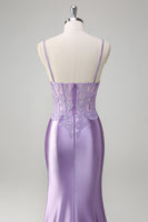 Load image into Gallery viewer, Lilac Mermaid Satin Spaghetti Straps Long Formal Dress with Appliques