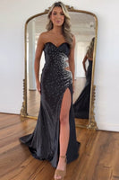 Load image into Gallery viewer, Sparkly Black Beaded Cutout Long Formal Dress with Slit