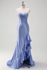 Load image into Gallery viewer, ZAPAKA Women Sparkly Grey Blue Mermaid Long Formal Dress Strapless Sequined Corset Ruffle Satin Evening Dress with Slit