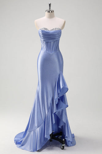 ZAPAKA Women Sparkly Grey Blue Mermaid Long Formal Dress Strapless Sequined Corset Ruffle Satin Evening Dress with Slit