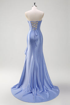 Grey Blue Satin Mermaid Corset Long Formal Dress with Ruffles