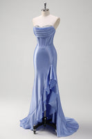 Load image into Gallery viewer, Grey Blue Satin Mermaid Corset Long Formal Dress with Ruffles