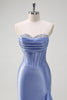 Load image into Gallery viewer, Grey Blue Satin Mermaid Corset Long Formal Dress with Ruffles