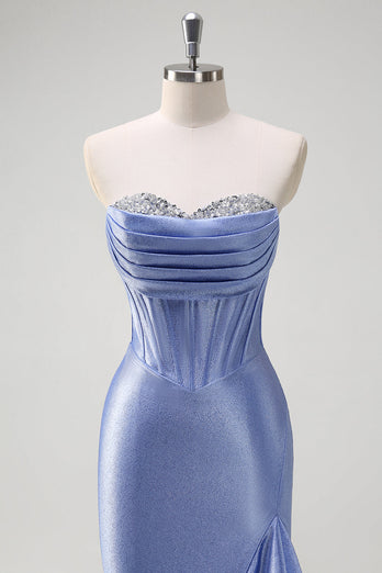 Grey Blue Satin Mermaid Corset Long Formal Dress with Ruffles