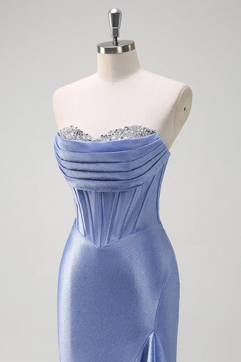 Grey Blue Satin Mermaid Corset Long Formal Dress with Ruffles