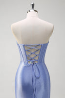 Load image into Gallery viewer, Grey Blue Satin Mermaid Corset Long Formal Dress with Ruffles