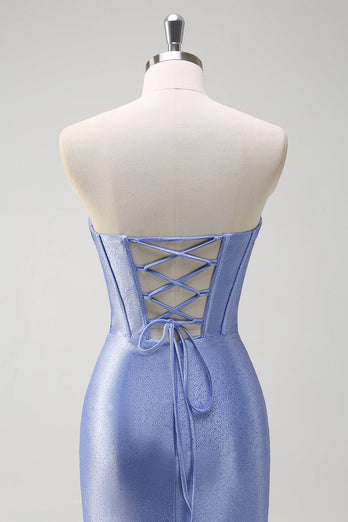 Grey Blue Satin Mermaid Corset Long Formal Dress with Ruffles