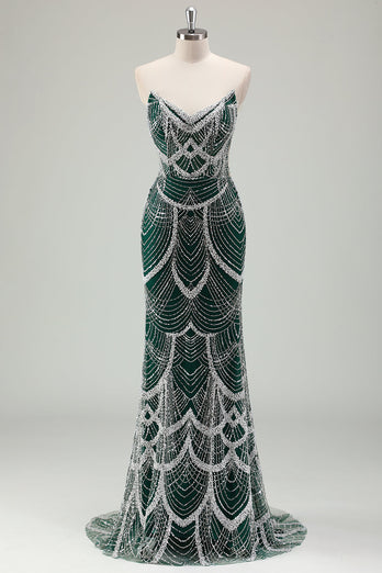 Glitter Dark Green Mermaid Sequin Long Corset Formal Dress