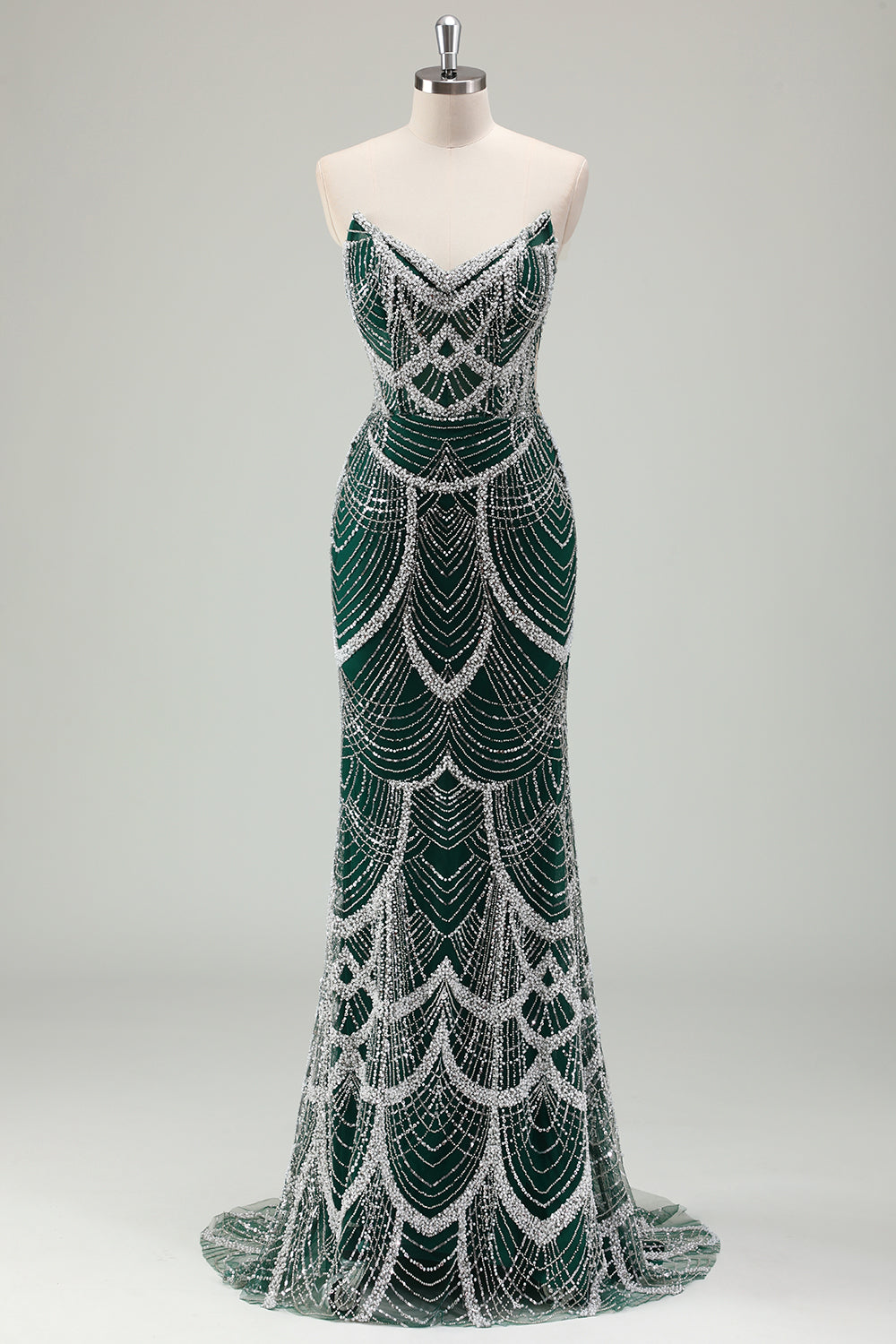 Glitter Dark Green Mermaid Sequin Long Corset Formal Dress