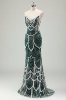 Load image into Gallery viewer, Glitter Dark Green Mermaid Sequin Long Corset Formal Dress