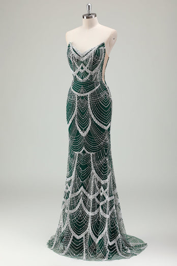 Glitter Dark Green Mermaid Sequin Long Corset Formal Dress