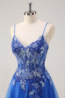 Load image into Gallery viewer, Royal Blue Floral Spaghetti Straps Long Formal Dress with Appliques