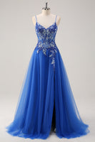 Load image into Gallery viewer, Royal Blue Floral Spaghetti Straps Long Formal Dress with Appliques