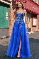 Load image into Gallery viewer, Sparkly Royal Blue Floral A Line Long Formal Dress with Appliques