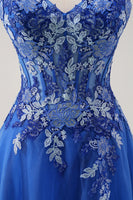 Load image into Gallery viewer, Royal Blue Floral Spaghetti Straps Long Formal Dress with Appliques