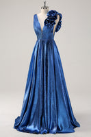 Load image into Gallery viewer, Royal Blue Metallic V-Neck Long Formal Dress with Flowers