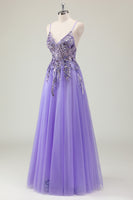 Load image into Gallery viewer, Sparkly Purple A-Line Backless Long Formal Dress with Appliques