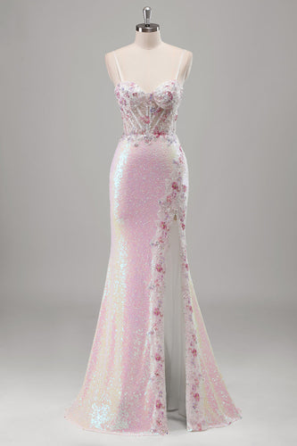 Sparkly Pink Sequin Mermaid Corset Long Formal Dress with Slit