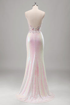Sparkly Pink Sequin Mermaid Corset Long Formal Dress with Slit