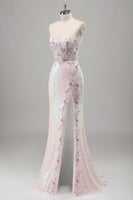 Load image into Gallery viewer, Sparkly Pink Sequin Mermaid Corset Long Formal Dress with Slit