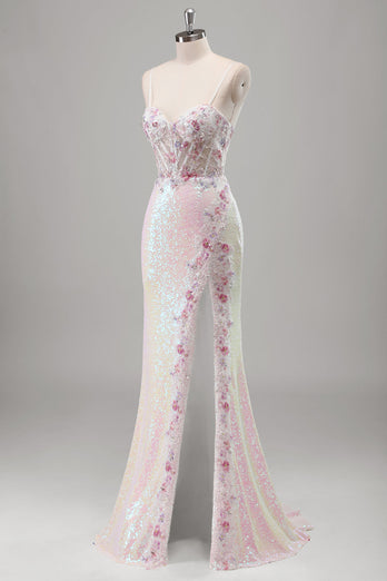 Sparkly Pink Sequin Mermaid Corset Long Formal Dress with Slit