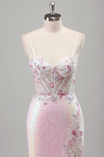 Sparkly Pink Sequin Mermaid Corset Long Formal Dress with Slit