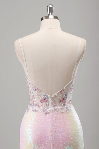 Sparkly Pink Sequin Mermaid Corset Long Formal Dress with Slit