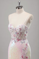 Load image into Gallery viewer, Sparkly Pink Sequin Mermaid Corset Long Formal Dress with Slit
