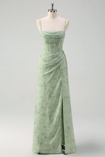 ZAPAKA Women Dusty Sage Long Formal Dress Mermaid Spaghetti Straps Floral Wedding Guest Dress with Slit
