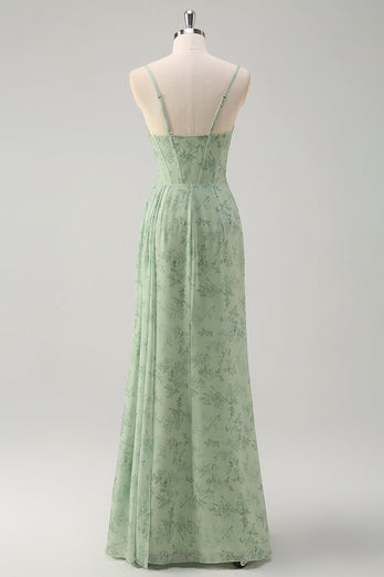 Dusty Sage Floral Mermaid Corset Long Formal Dress with Slit