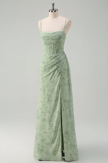 Dusty Sage Floral Mermaid Corset Long Formal Dress with Slit
