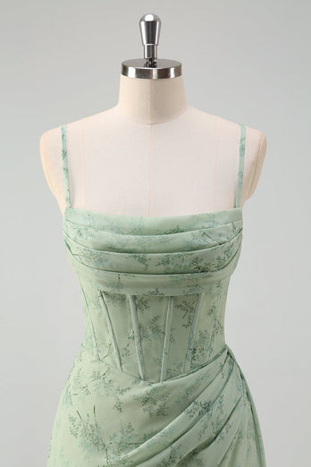 Dusty Sage Floral Mermaid Corset Long Formal Dress with Slit