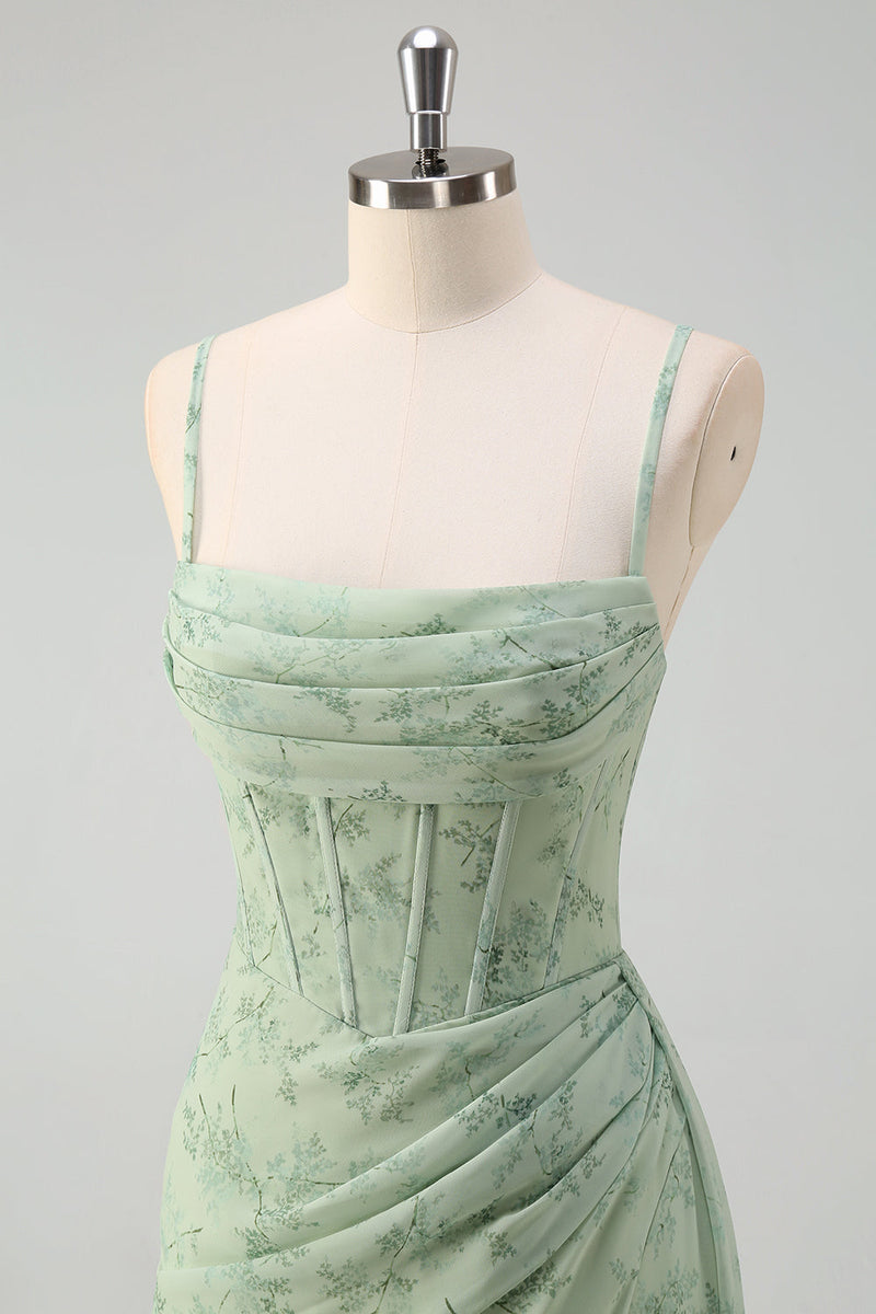 Load image into Gallery viewer, Dusty Sage Floral Mermaid Corset Long Formal Dress with Slit