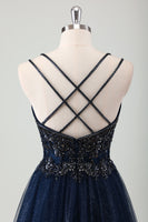 Load image into Gallery viewer, Sparkly Navy A-Line Appliqued Long Tulle Formal Dress