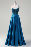 Load image into Gallery viewer, Sparkly Blue A-Line Corset Long Formal Dress with Appliques