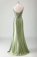 Load image into Gallery viewer, Sparkly Sage Mermaid Spaghetti Straps Long Formal Dress with Appliques