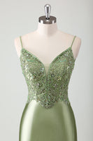 Load image into Gallery viewer, Sparkly Sage Mermaid Spaghetti Straps Long Formal Dress with Appliques