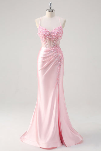 Zapaka Women Pink Long Satin Formal Dress with Slit Corset Floral Mermaid Wedding Guest Dress