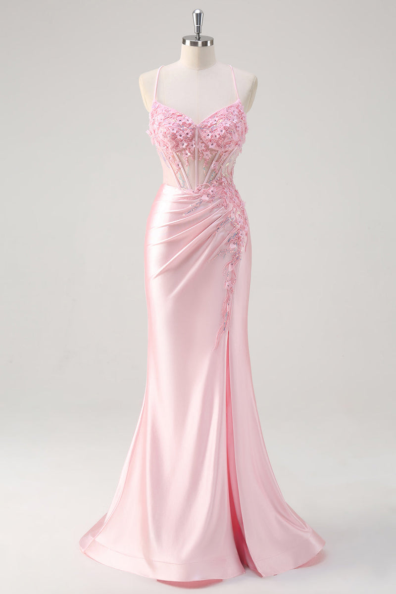 Load image into Gallery viewer, Zapaka Women Pink Long Satin Formal Dress with Slit Corset Floral Mermaid Wedding Guest Dress