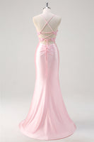 Load image into Gallery viewer, Pink Satin Ruched Mermaid Corset Formal Dress with Slit