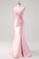 Load image into Gallery viewer, Pink Satin Ruched Mermaid Corset Formal Dress with Slit
