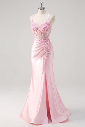 Pink Satin Ruched Mermaid Corset Formal Dress with Slit