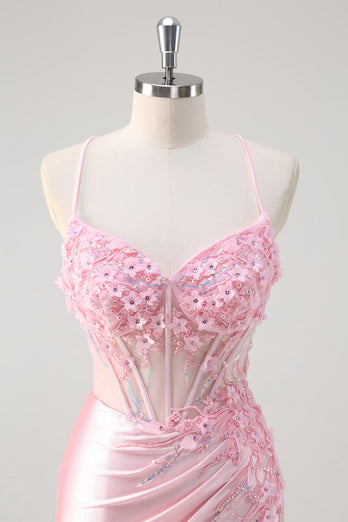 Pink Satin Ruched Mermaid Corset Formal Dress with Slit