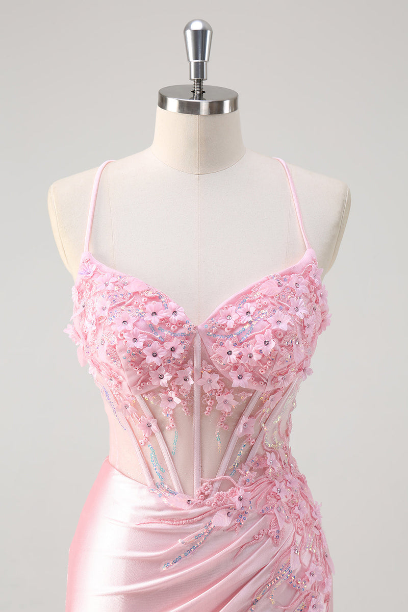 Load image into Gallery viewer, Pink Satin Ruched Mermaid Corset Formal Dress with Slit