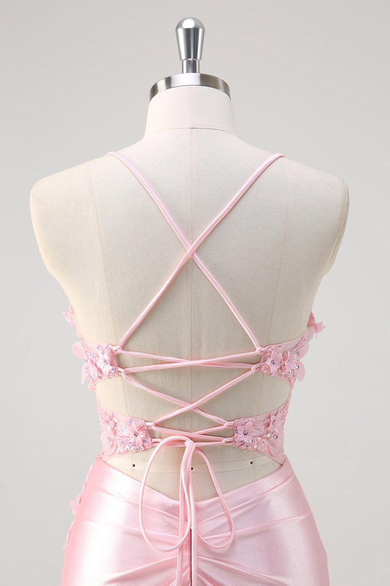 Load image into Gallery viewer, Pink Satin Ruched Mermaid Corset Formal Dress with Slit